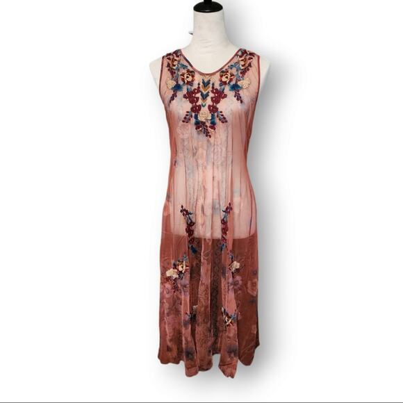 Johnny Was Biya Sheer Embroidered Slip Dress - Picture 1 of 6